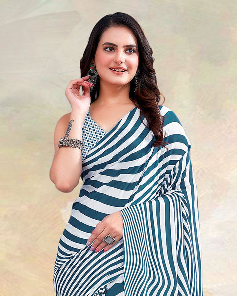 Teal Green Printed Digital Print Crepe Saree