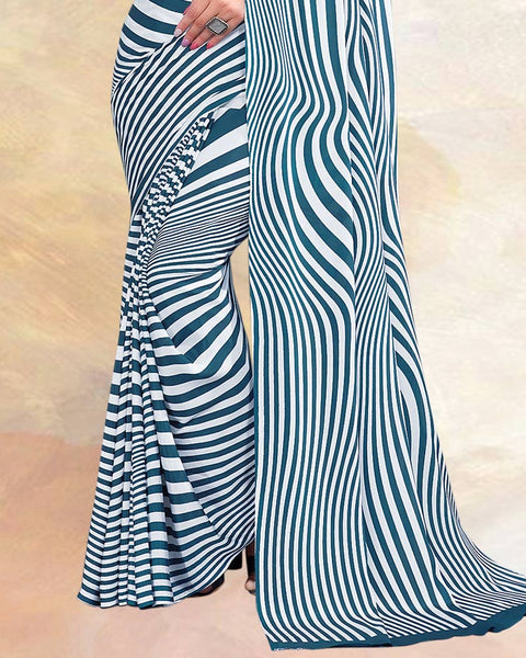 Teal Green Printed Digital Print Crepe Saree