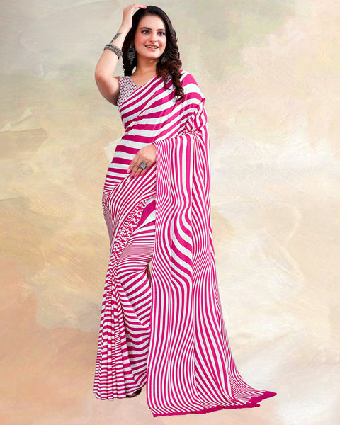 Hot Pink Printed Digital Print Crepe Saree