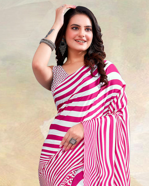 Hot Pink Printed Digital Print Crepe Saree