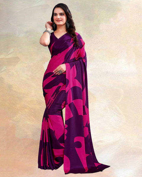 Deep Purple Printed Digital Print Crepe Saree