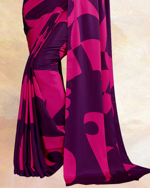 Deep Purple Printed Digital Print Crepe Saree