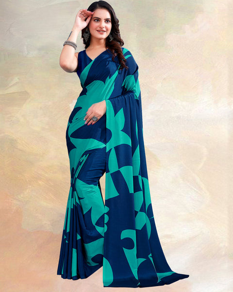 Royal Blue Printed Digital Print Crepe Saree