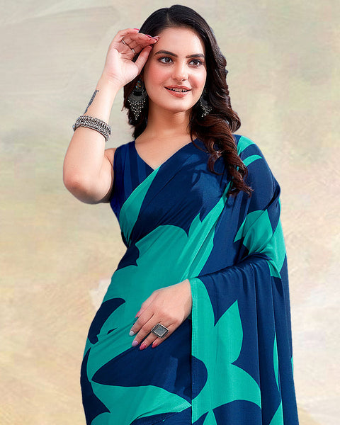 Royal Blue Printed Digital Print Crepe Saree