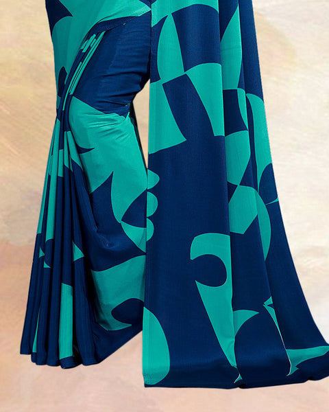 Royal Blue Printed Digital Print Crepe Saree