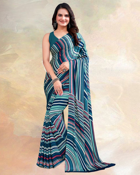Dark Teal Blue Printed Digital Print Crepe Saree