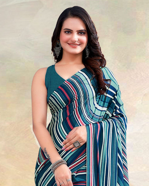 Dark Teal Blue Printed Digital Print Crepe Saree