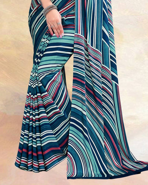 Dark Teal Blue Printed Digital Print Crepe Saree