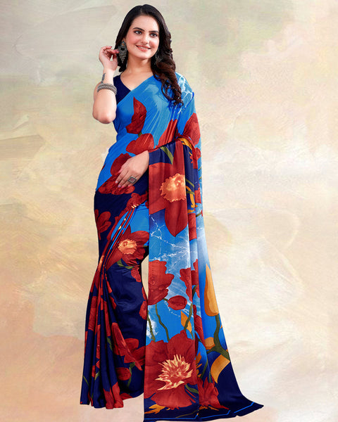 Blue Printed Digital Print Crepe Saree