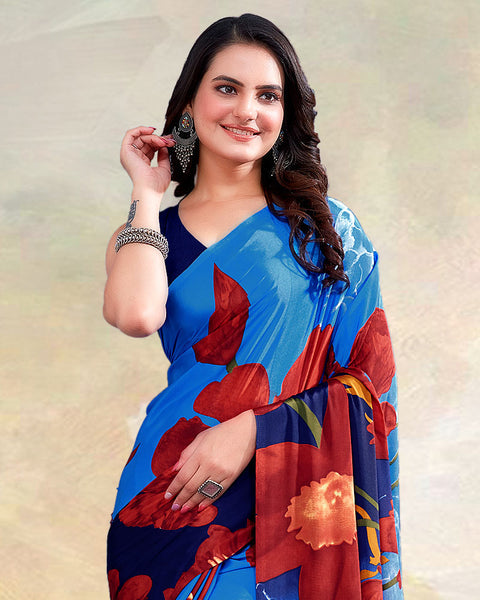 Blue Printed Digital Print Crepe Saree