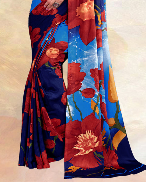 Blue Printed Digital Print Crepe Saree