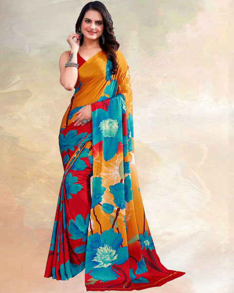 Yellowish Orange Printed Digital Print Crepe Saree