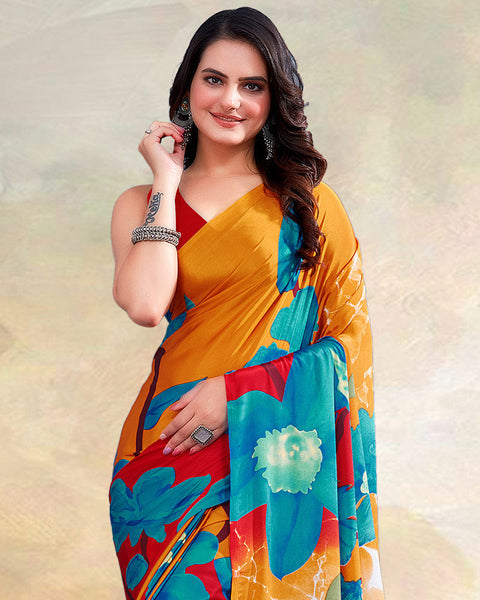 Yellowish Orange Printed Digital Print Crepe Saree