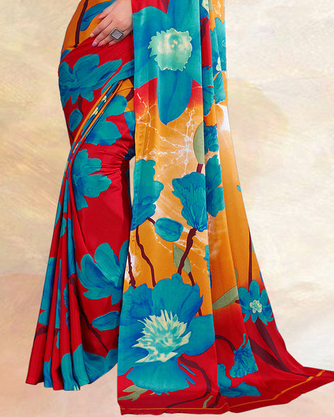 Yellowish Orange Printed Digital Print Crepe Saree