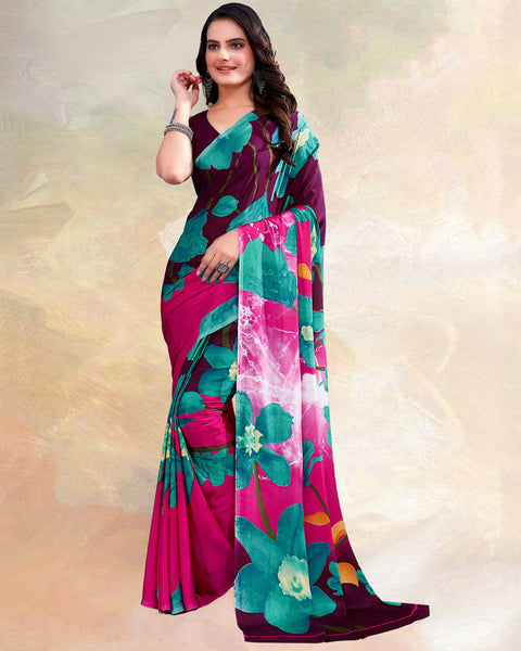 Wine Printed Digital Print Crepe Saree