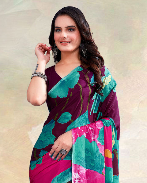 Wine Printed Digital Print Crepe Saree