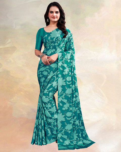 Teal Green Printed Digital Print Crepe Saree