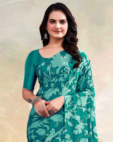 Teal Green Printed Digital Print Crepe Saree