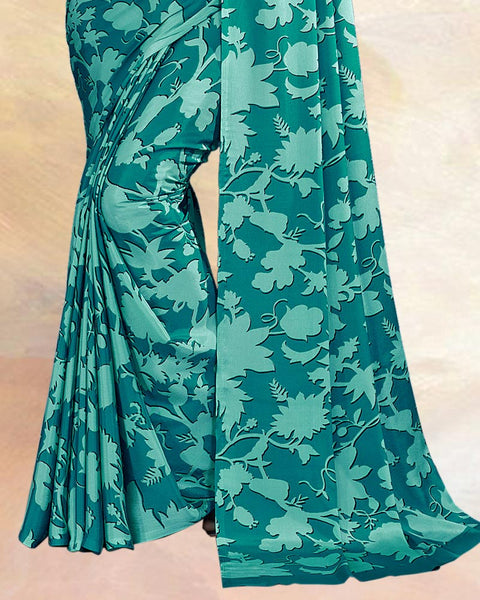 Teal Green Printed Digital Print Crepe Saree