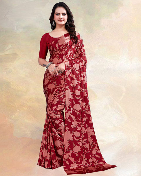 Maroon Printed Digital Print Crepe Saree