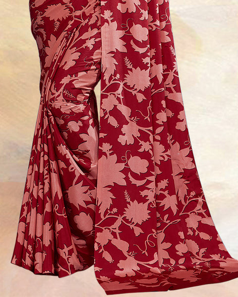 Maroon Printed Digital Print Crepe Saree