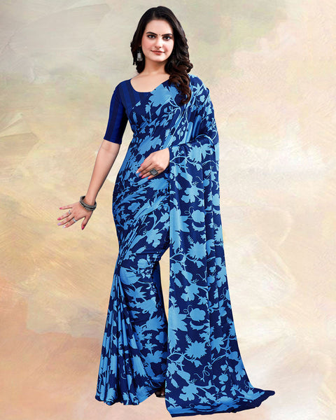 Dark Blue Printed Digital Print Crepe Saree