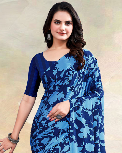 Dark Blue Printed Digital Print Crepe Saree