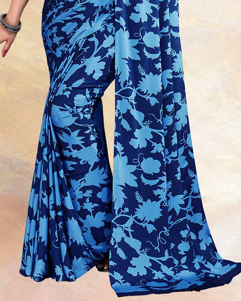 Dark Blue Printed Digital Print Crepe Saree