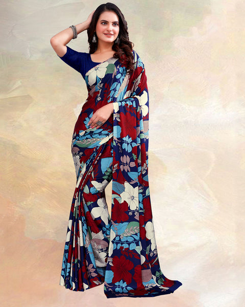 Royal Blue Printed Digital Print Crepe Saree