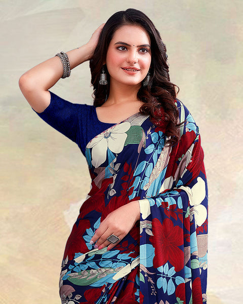 Royal Blue Printed Digital Print Crepe Saree