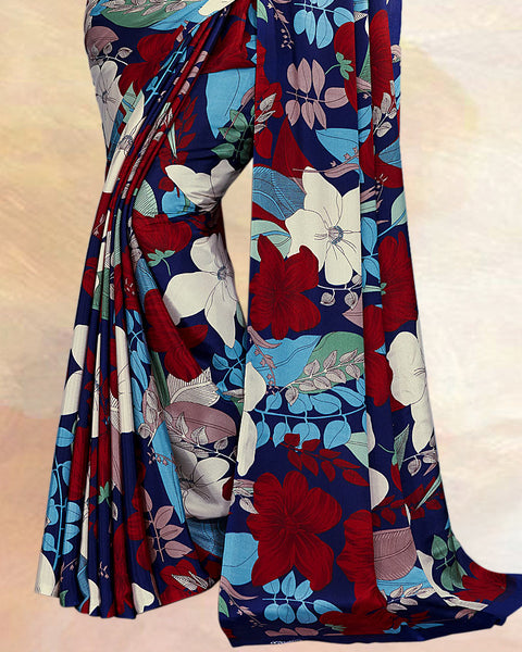 Royal Blue Printed Digital Print Crepe Saree