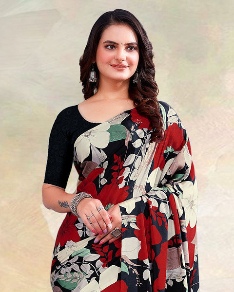 Black Printed Digital Print Crepe Saree