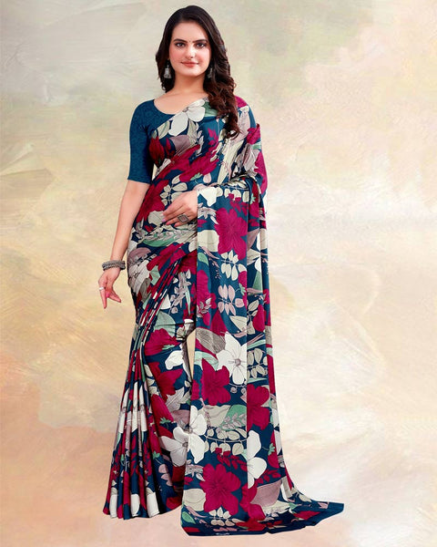 Peacock Blue Printed Digital Print Crepe Saree