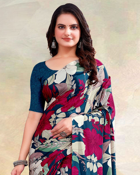 Peacock Blue Printed Digital Print Crepe Saree