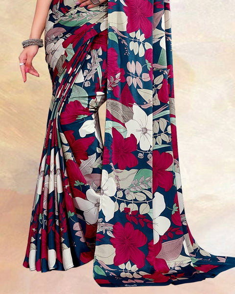 Peacock Blue Printed Digital Print Crepe Saree