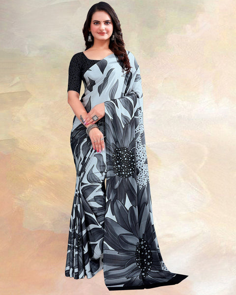 Mirage Grey Printed Digital Print Crepe Saree