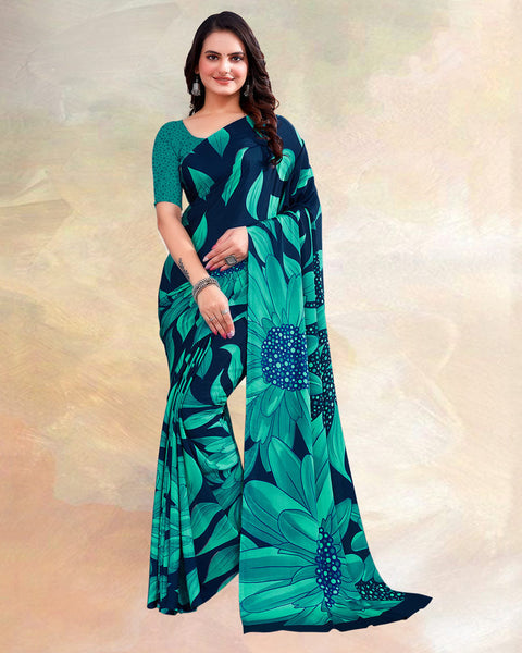 Dark Navy Blue Printed Digital Print Crepe Saree