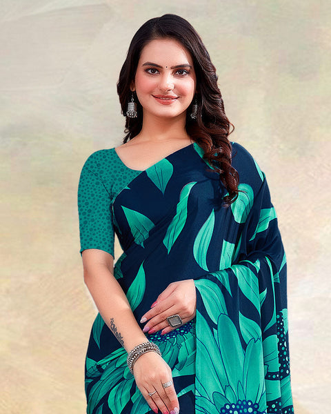 Dark Navy Blue Printed Digital Print Crepe Saree