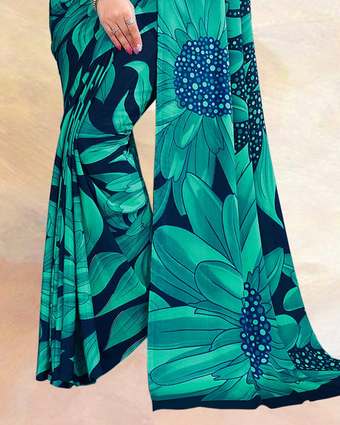 Dark Navy Blue Printed Digital Print Crepe Saree