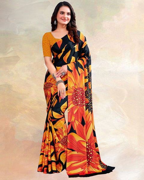 Dark Orange Printed Digital Print Crepe Saree