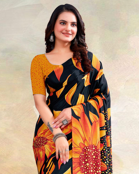 Dark Orange Printed Digital Print Crepe Saree