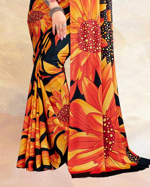 Dark Orange Printed Digital Print Crepe Saree