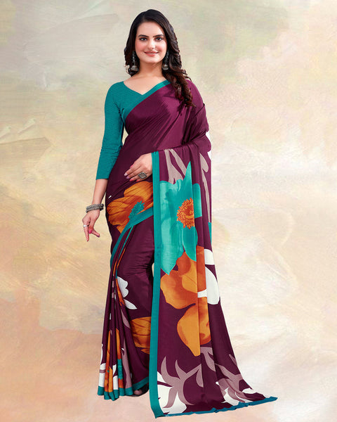 Wine Printed Digital Print Crepe Saree