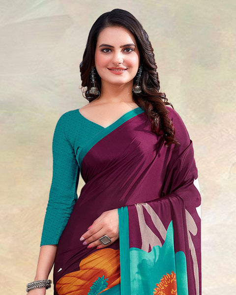 Wine Printed Digital Print Crepe Saree