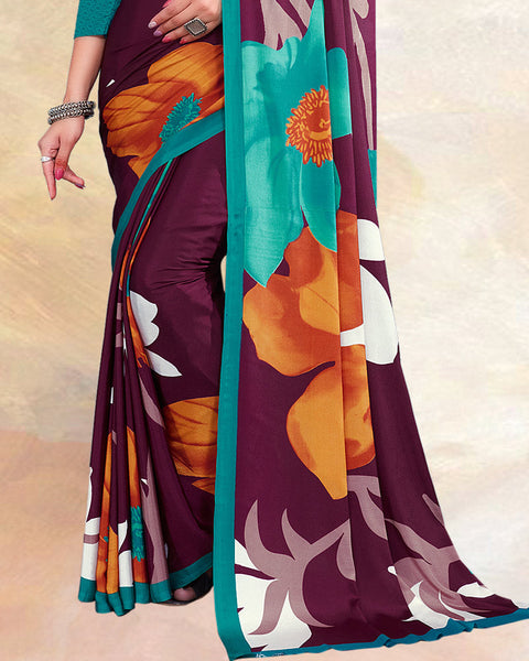 Wine Printed Digital Print Crepe Saree