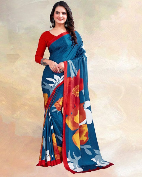 Venice Blue Printed Digital Print Crepe Saree