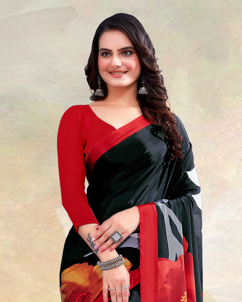 Black Printed Digital Print Crepe Saree
