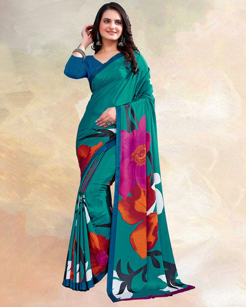 Teal Blue Printed Digital Print Crepe Saree