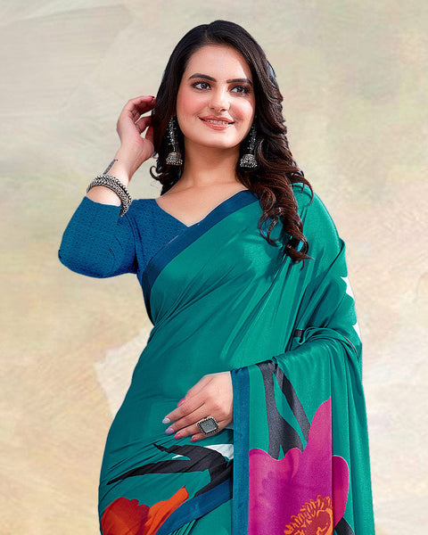 Teal Blue Printed Digital Print Crepe Saree