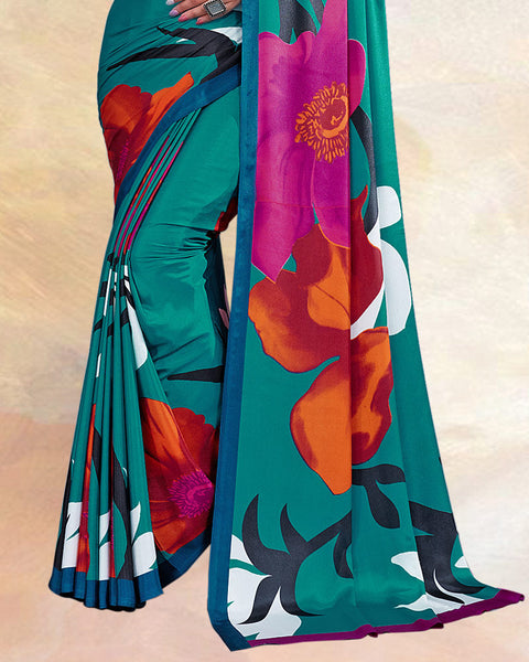 Teal Blue Printed Digital Print Crepe Saree